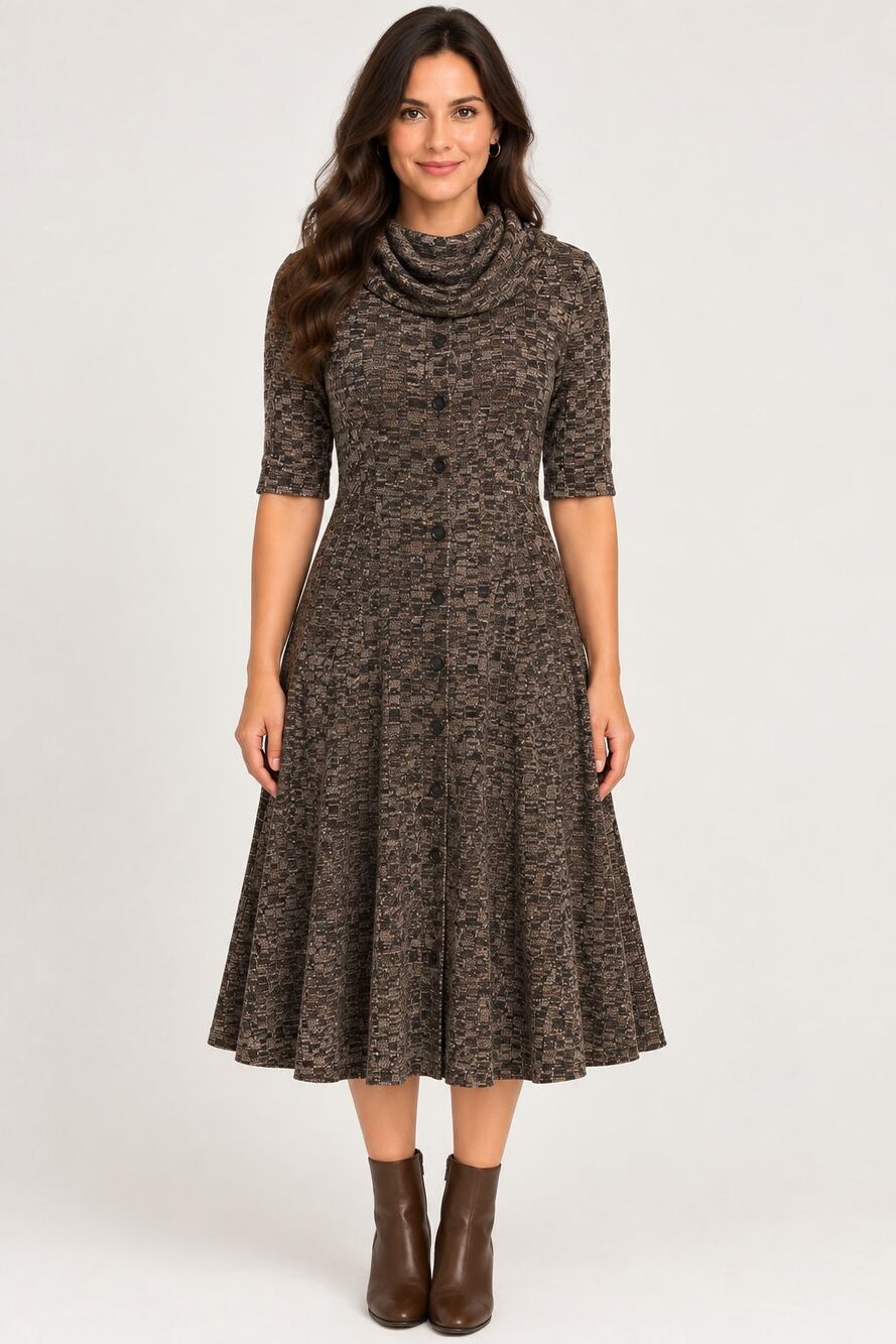 Signature by Robbie Bee Sweater Dress Women's M Brown Cowl Neck Midi A-Line Fall